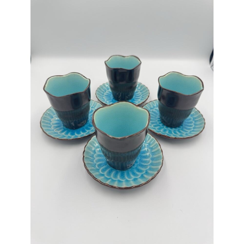 Vintage Visun China Turquoise Crackle Carnation Cup & Saucer Set of 4 MCM